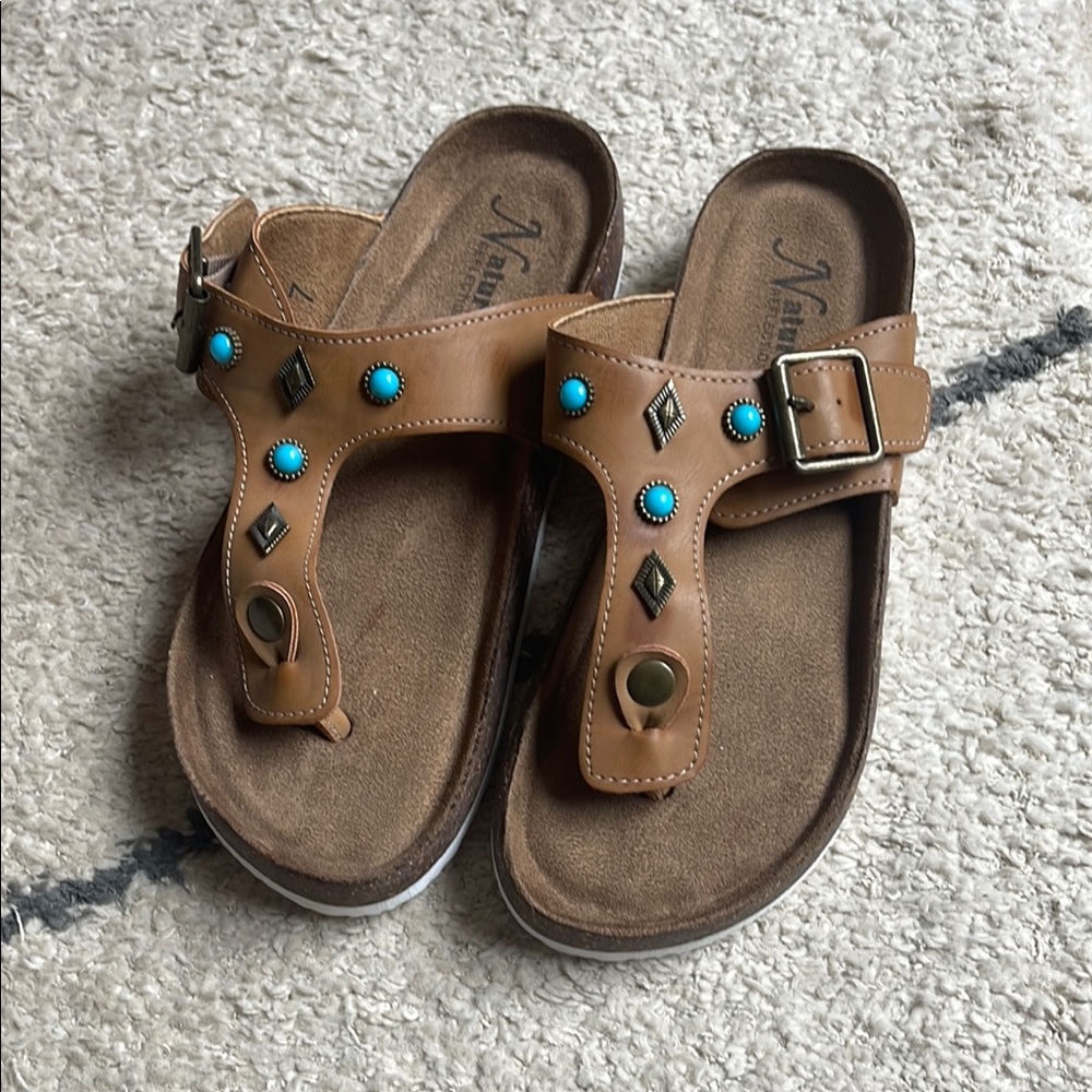 Natural Reflections Brown Sandals with Turquoise Accents